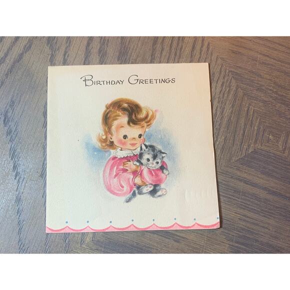 Birthday Greetings, Cute Girl Holding a Kitten, 1950s Vintage Greeting Card, - Picture 1 of 3